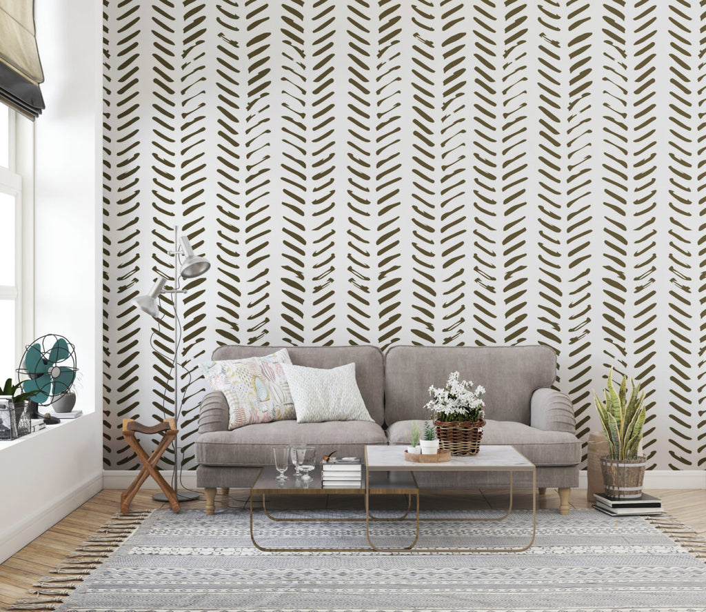 Brush Stroke Chevron Wallpaper : Olive Dash Pattern Mural - View 3