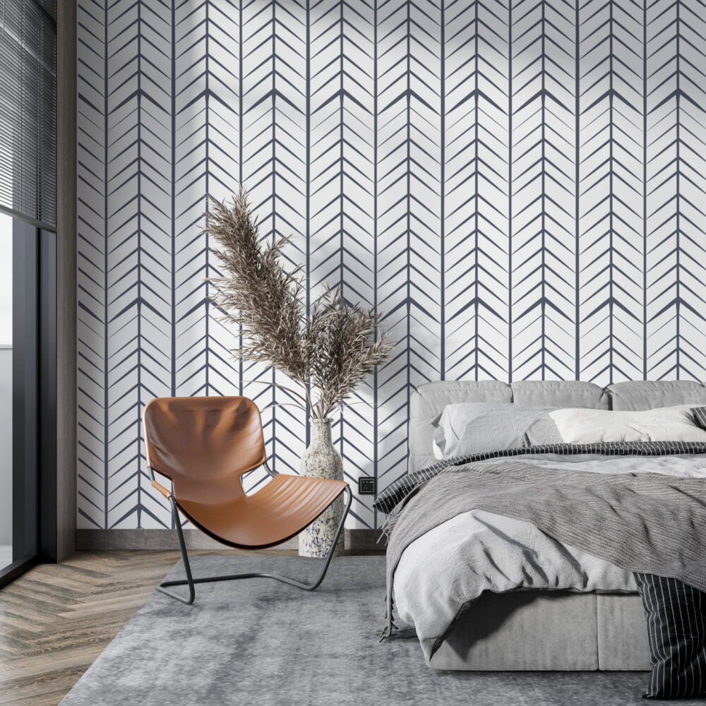 Navy Herringbone Wallpaper : Hand Drawn Chevron Lines Mural
