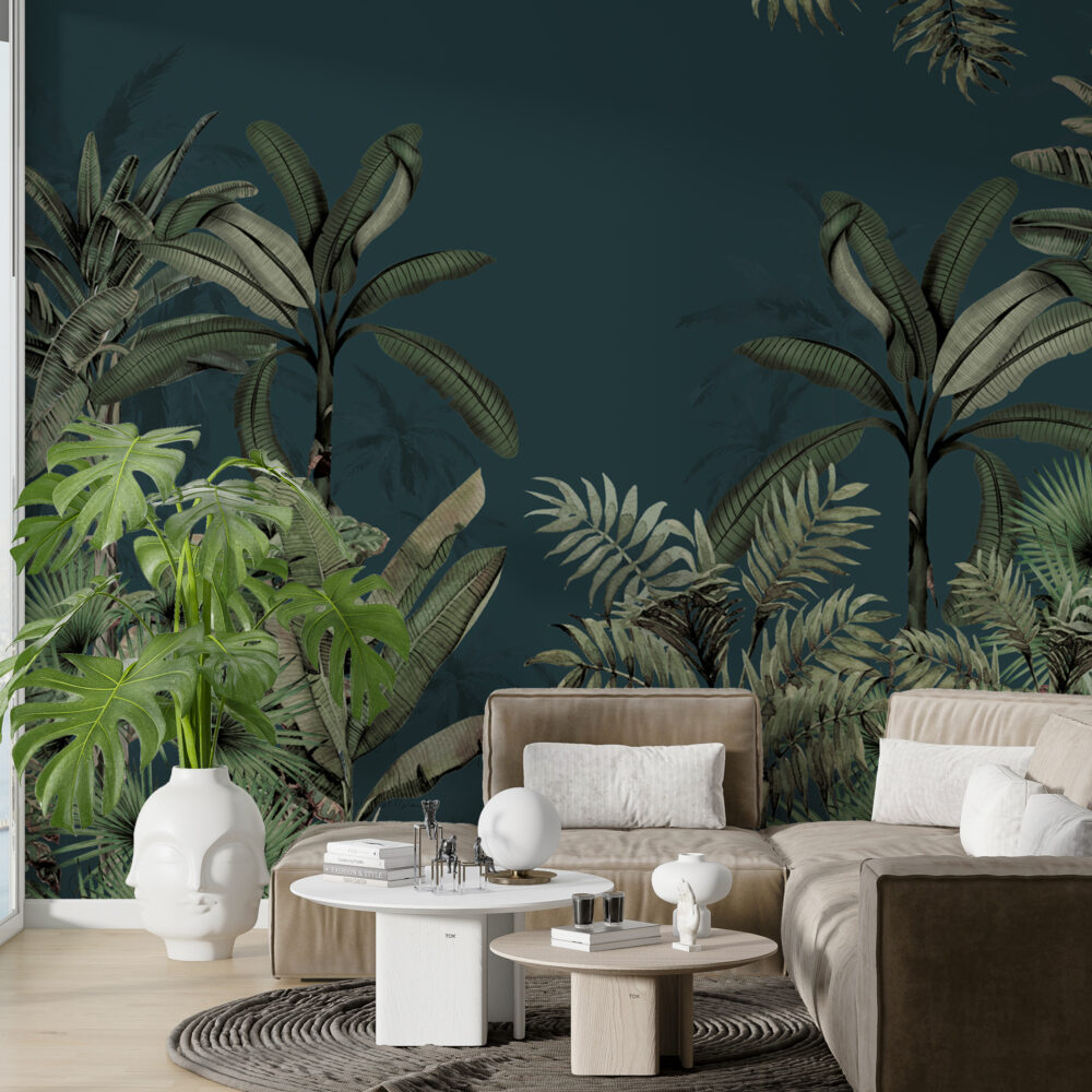 Dark Tropical Leaf Wallpaper : Teal Jungle Palms Mural