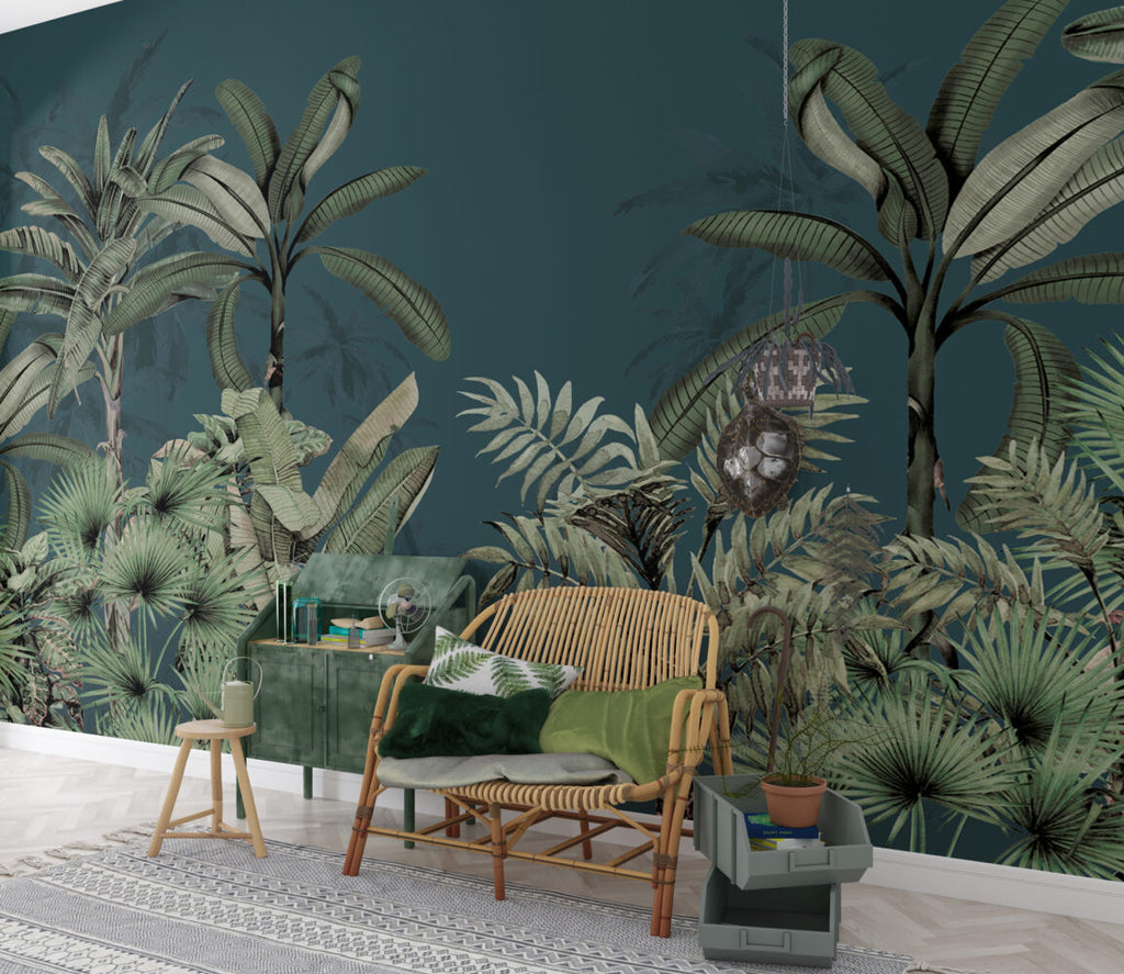 Dark Tropical Leaf Wallpaper : Teal Jungle Palms Mural - View 4