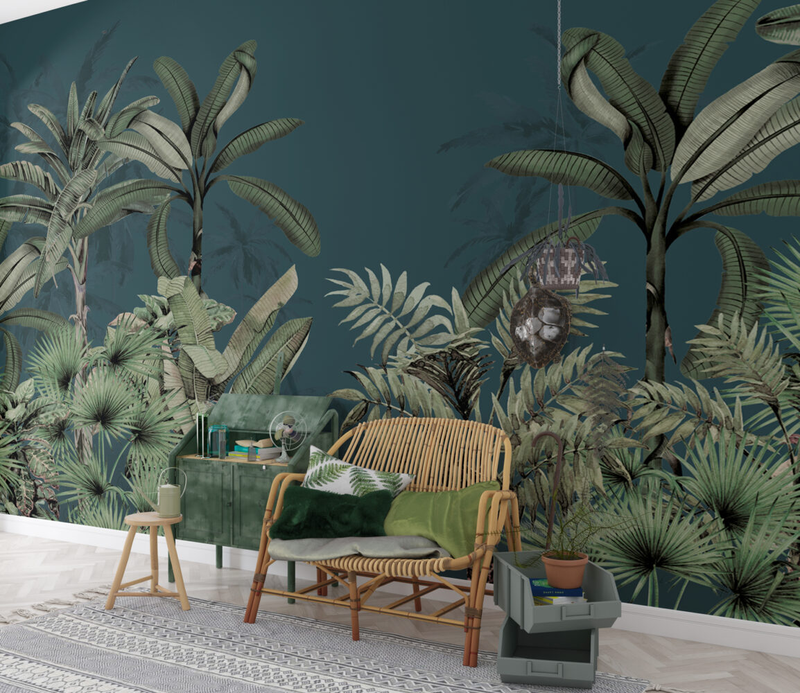 Dark Tropical Leaf Wallpaper : Teal Jungle Palms Mural - View 4