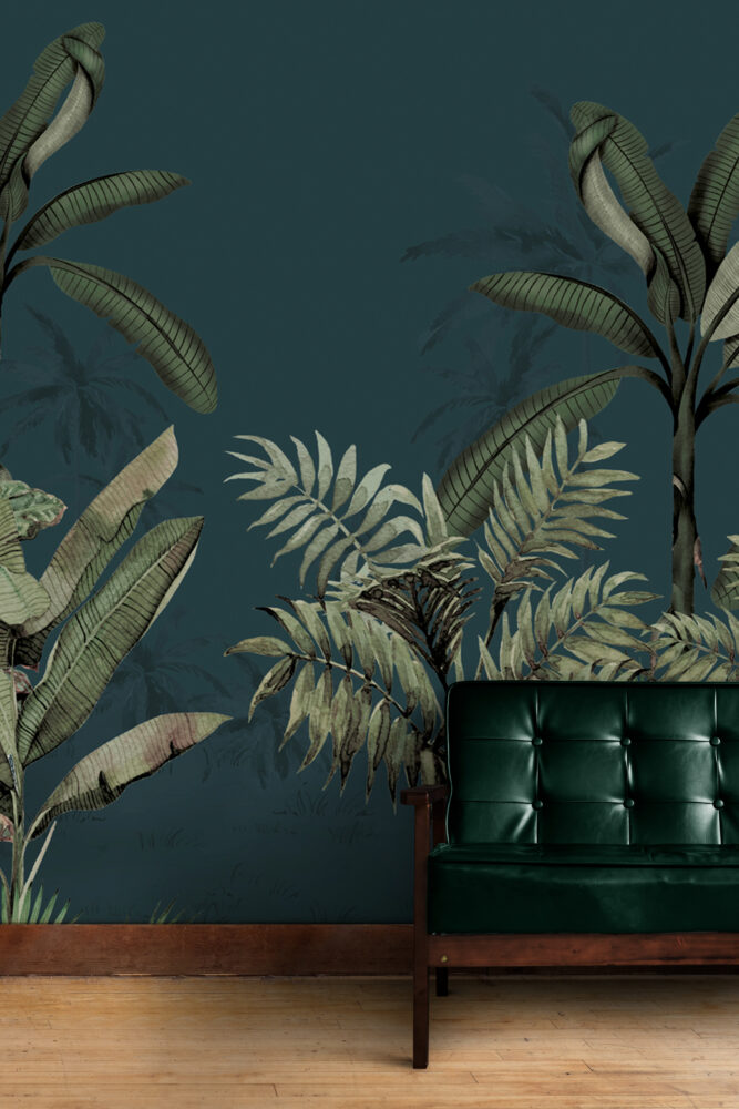 Dark Tropical Leaf Wallpaper : Teal Jungle Palms Mural - View 6