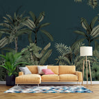 Dark Tropical Leaf Wallpaper : Teal Jungle Palms Mural - View 5