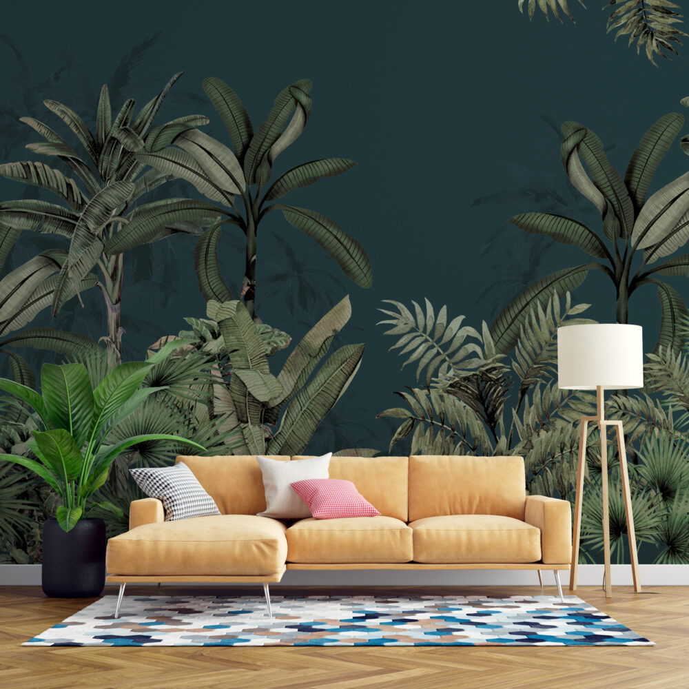 Dark Tropical Leaf Wallpaper : Teal Jungle Palms Mural - View 5