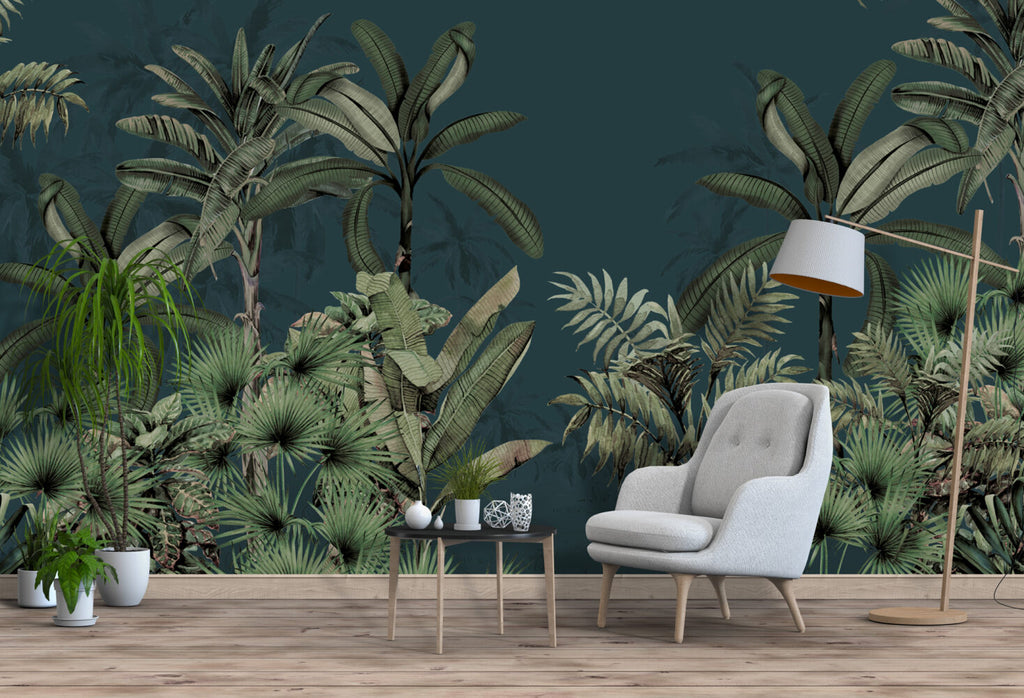 Dark Tropical Leaf Wallpaper : Teal Jungle Palms Mural - View 3