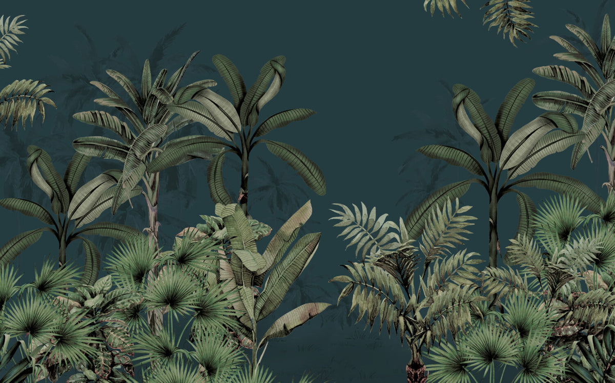 Dark Tropical Leaf Wallpaper : Teal Jungle Palms Mural - View 2