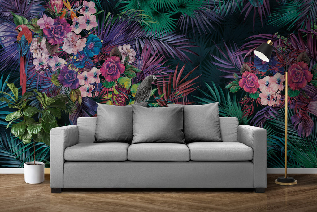 Parrot Jungle Wallpaper : Magenta Tropical Floral Mural - View 3