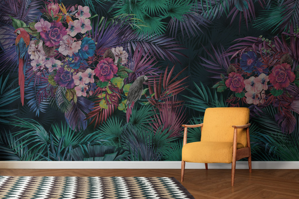 Parrot Jungle Wallpaper : Magenta Tropical Floral Mural