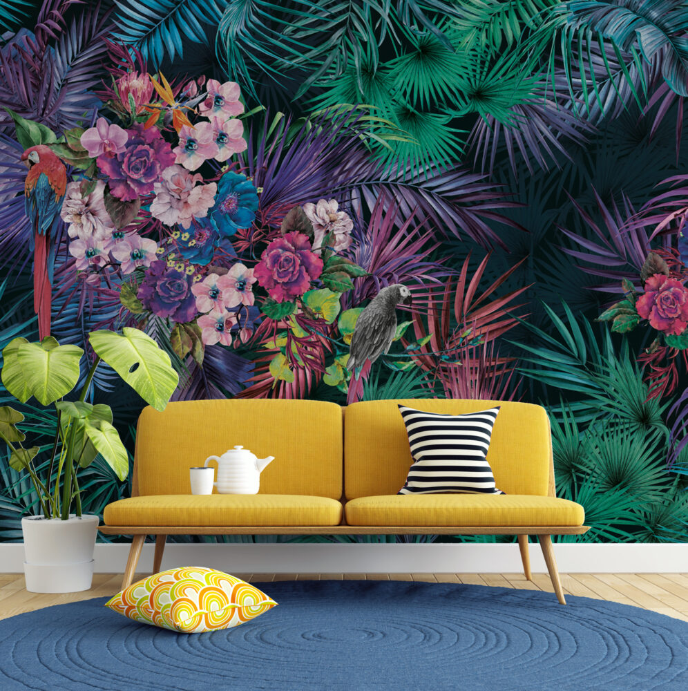 Parrot Jungle Wallpaper : Magenta Tropical Floral Mural - View 4