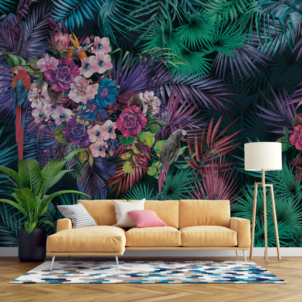 Parrot Jungle Wallpaper : Magenta Tropical Floral Mural - View 5