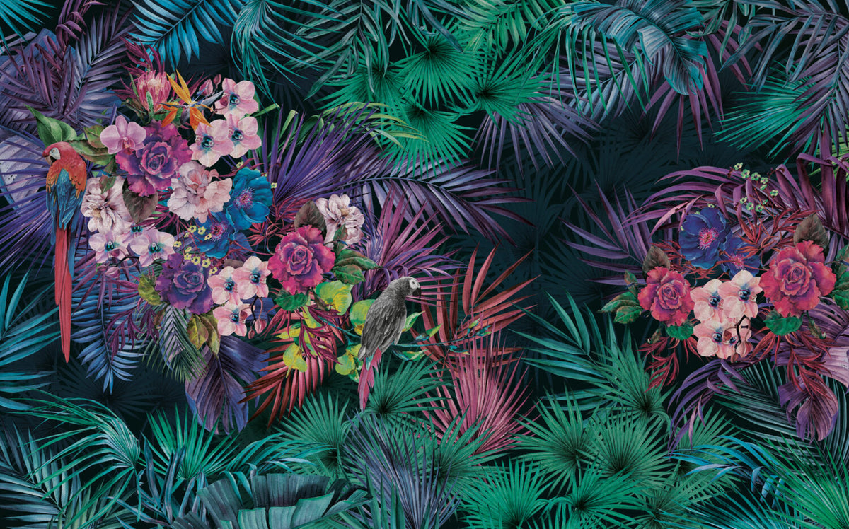 Parrot Jungle Wallpaper : Magenta Tropical Floral Mural - View 2