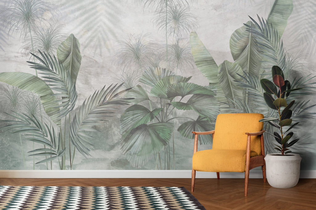 Sage Fan Palm Wallpaper : Soft Tropical Leaves Mural - View 5