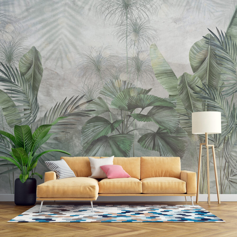 Sage Fan Palm Wallpaper : Soft Tropical Leaves Mural - View 6