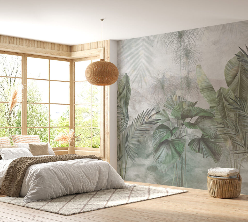 Sage Fan Palm Wallpaper : Soft Tropical Leaves Mural