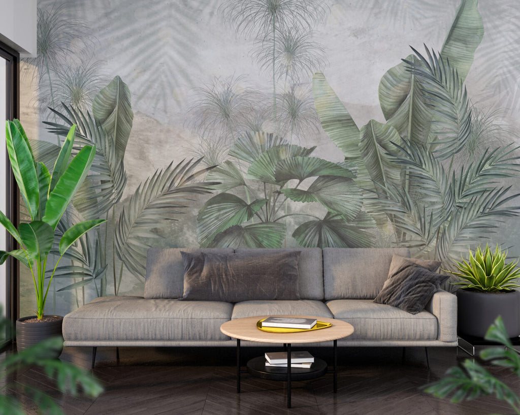 Sage Fan Palm Wallpaper : Soft Tropical Leaves Mural - View 3
