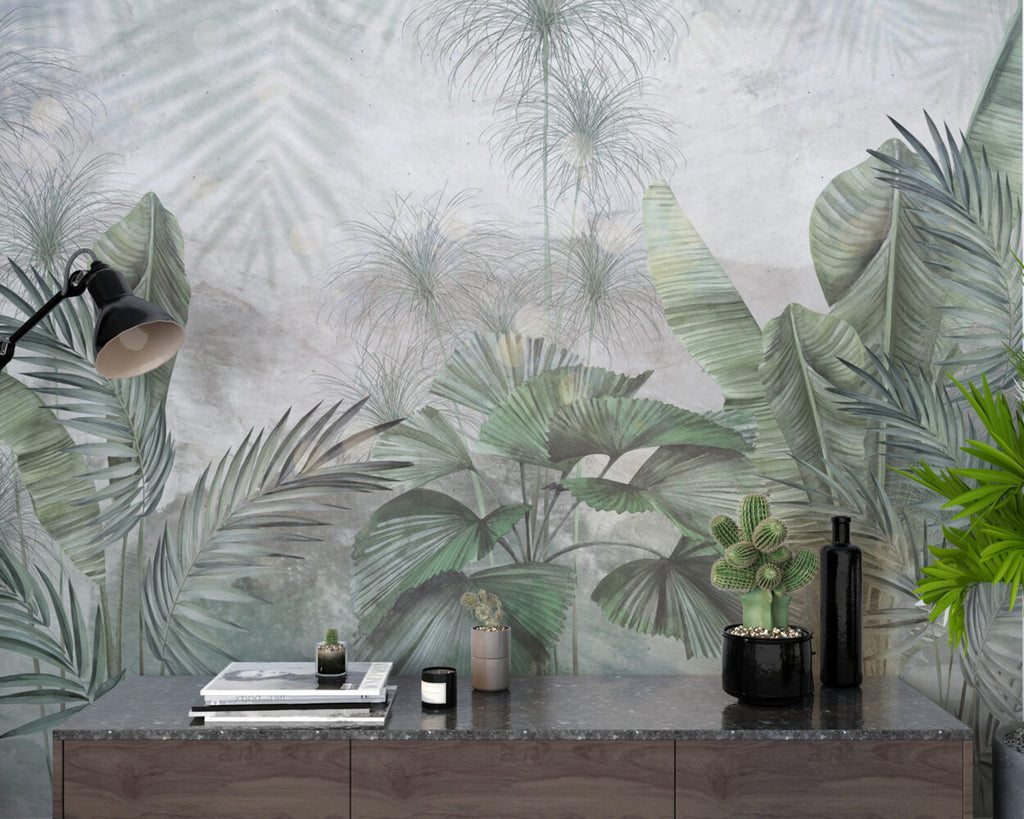 Sage Fan Palm Wallpaper : Soft Tropical Leaves Mural - View 4