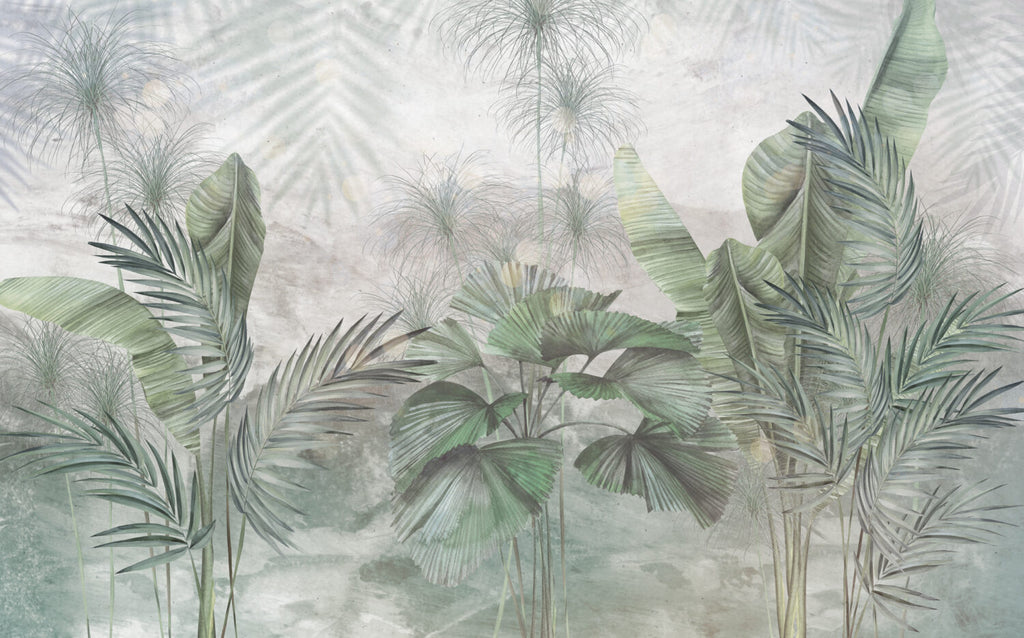 Sage Fan Palm Wallpaper : Soft Tropical Leaves Mural - View 2