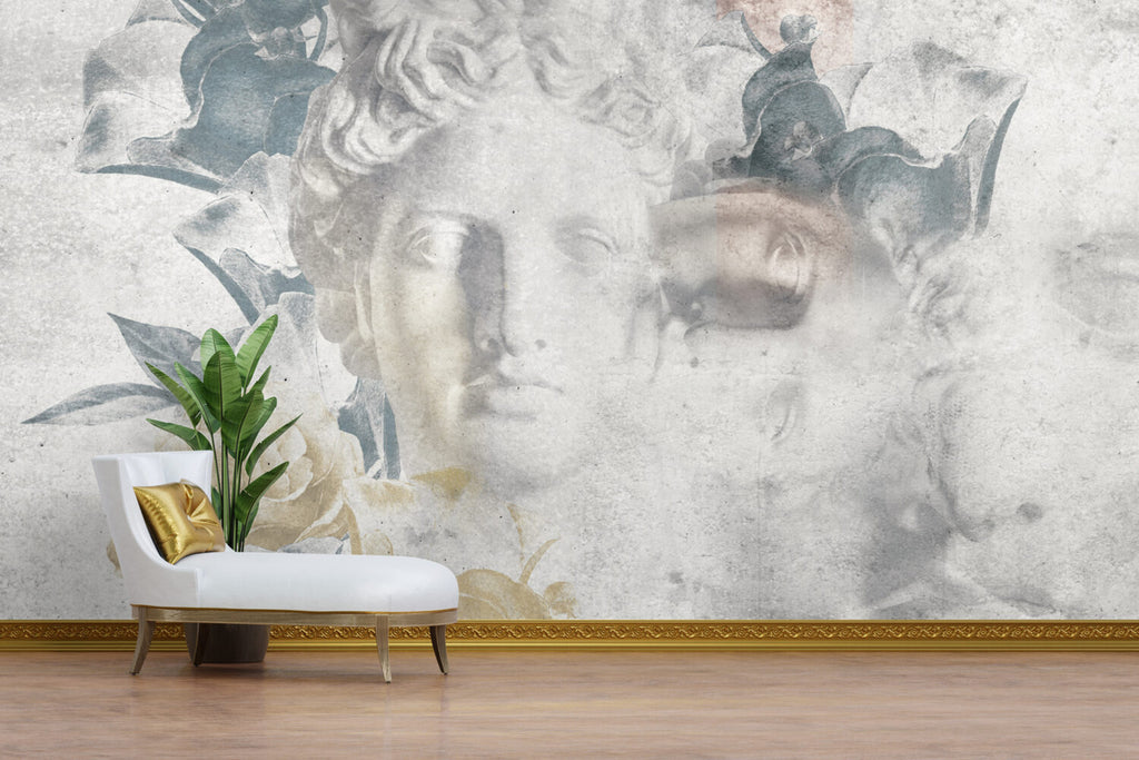 Statue And Roses Wallpaper : Classical Bust Collage Mural - View 3