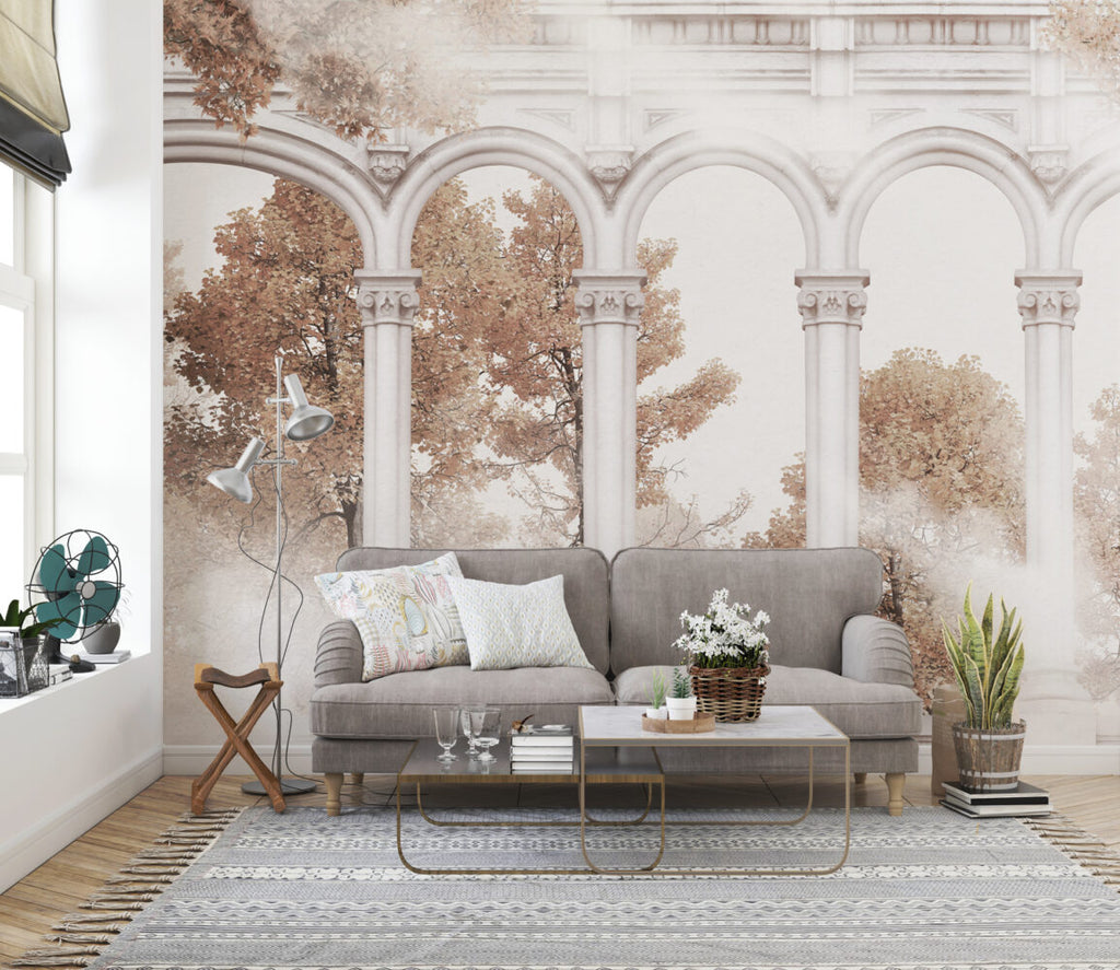 Blush Autumn Arch Wallpaper : Colonnade Garden View Mural - View 3