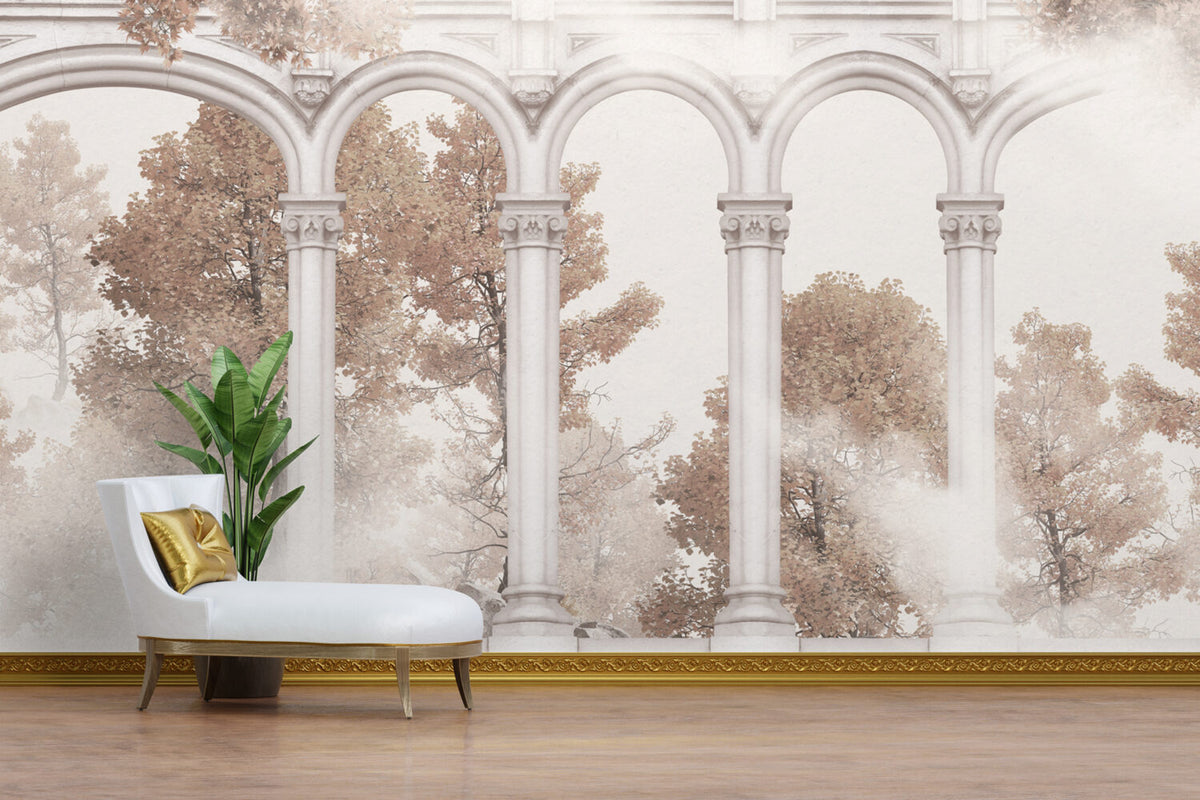 Blush Autumn Arch Wallpaper : Colonnade Garden View Mural - View 5