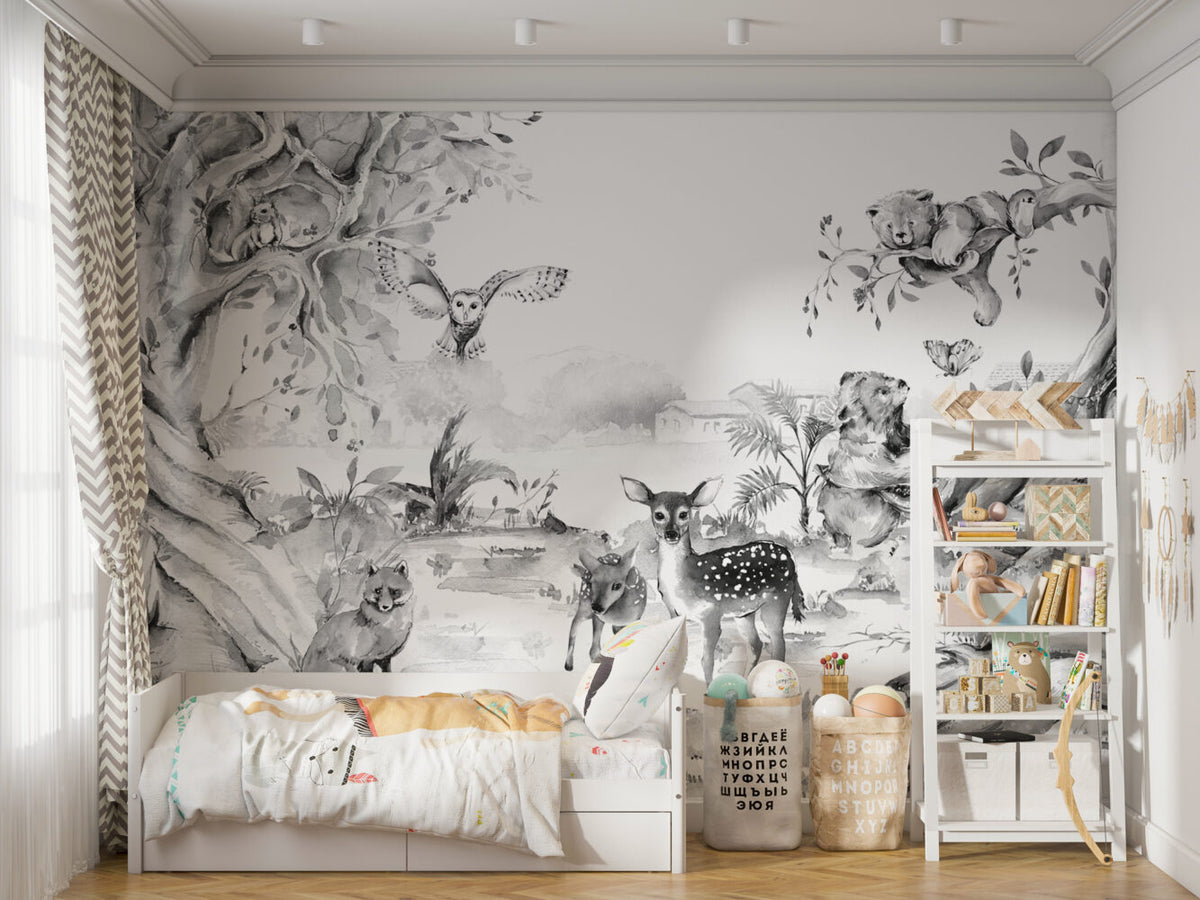 Black And White Deer Wallpaper : Ink Forest Animals Mural - View 5