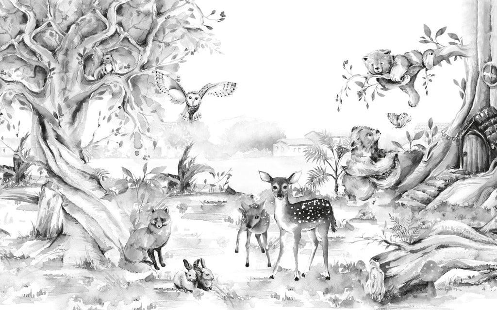 Black And White Deer Wallpaper : Ink Forest Animals Mural - View 2