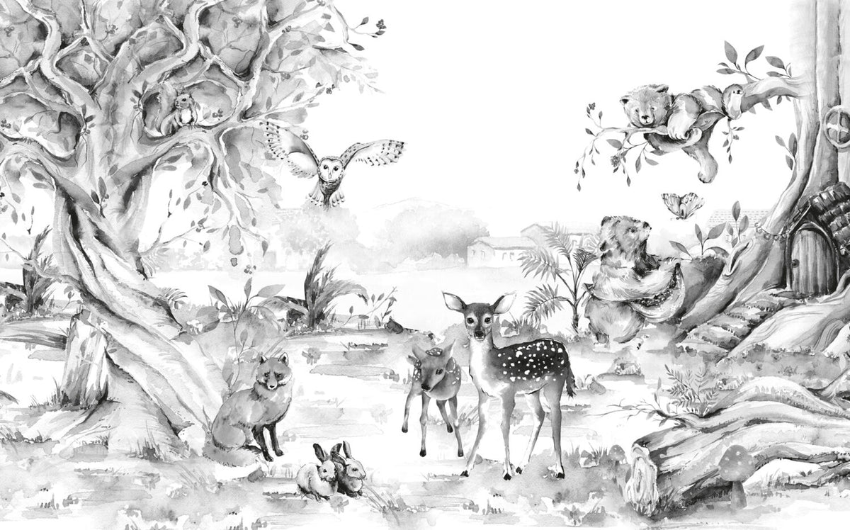 Black And White Deer Wallpaper : Ink Forest Animals Mural - View 2