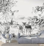Black And White Deer Wallpaper : Ink Forest Animals Mural - View 6