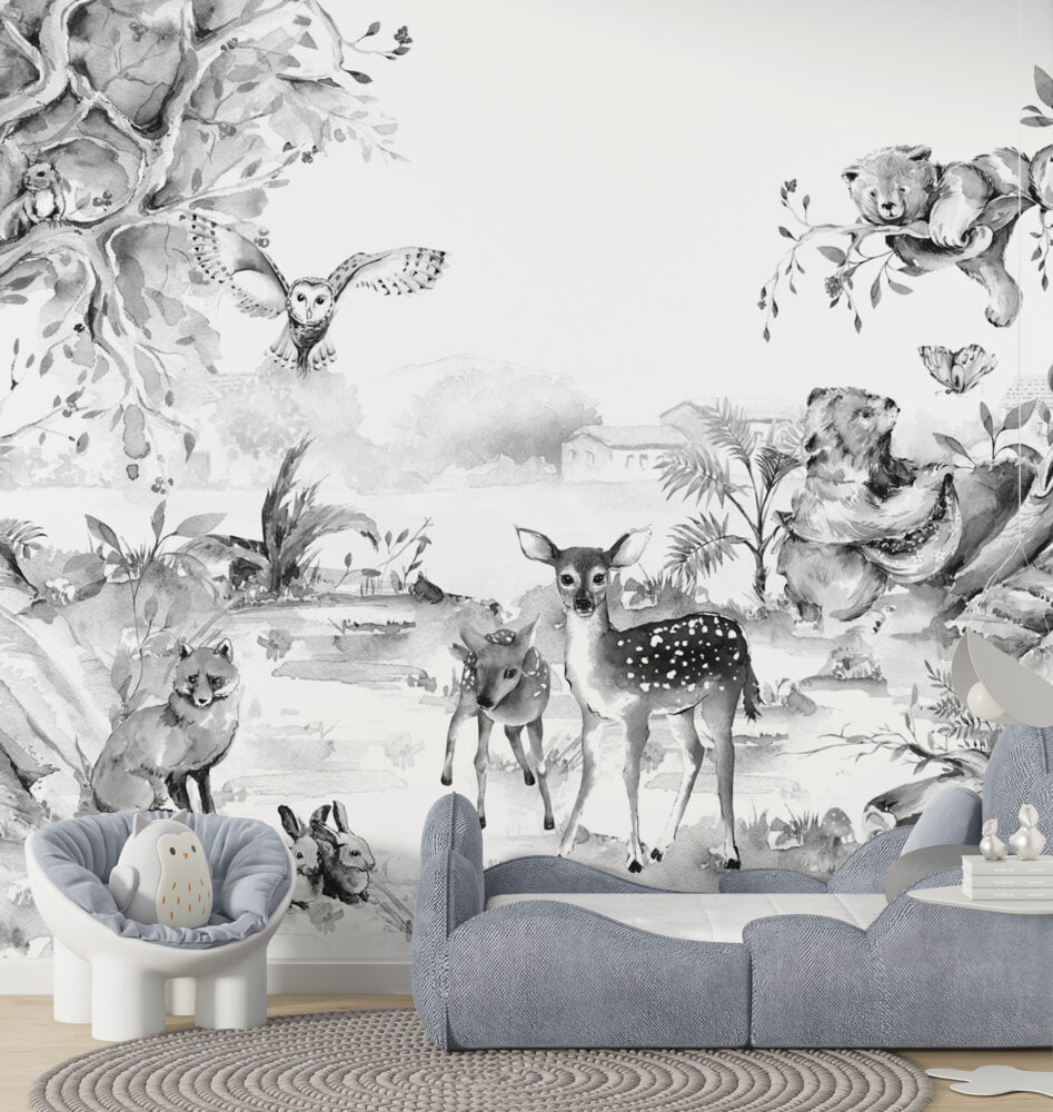 Black And White Deer Wallpaper : Ink Forest Animals Mural - View 6