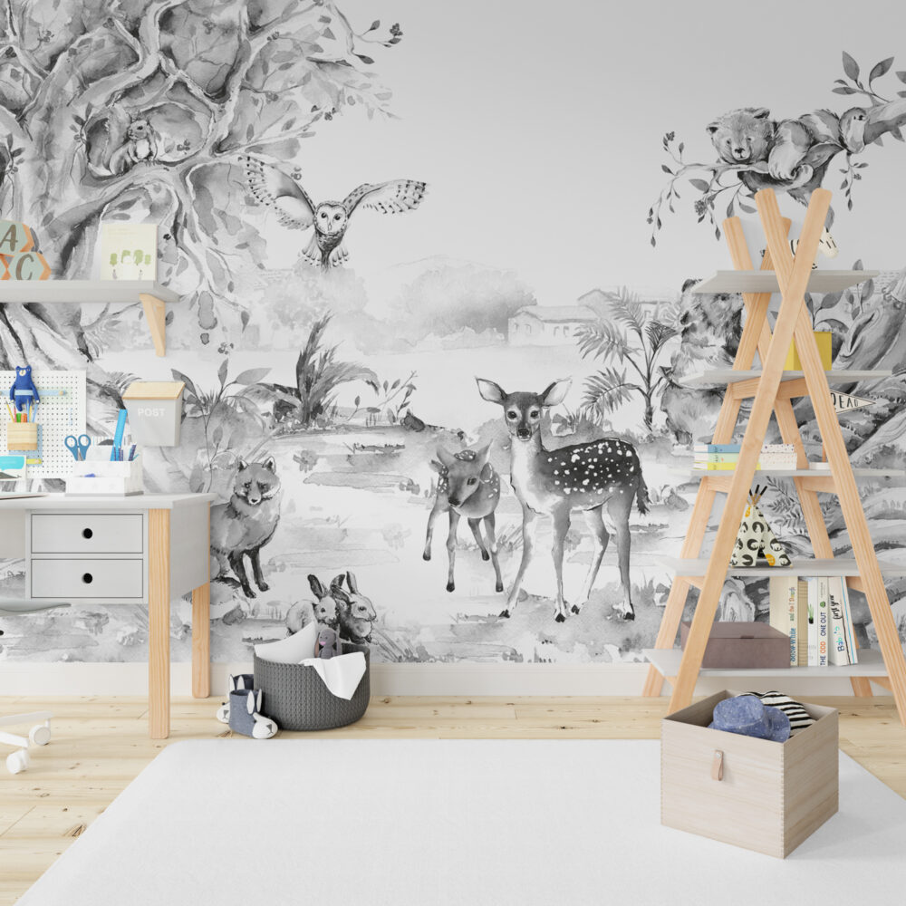 Black And White Deer Wallpaper : Ink Forest Animals Mural - View 3