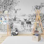 Black And White Deer Wallpaper : Ink Forest Animals Mural - View 3