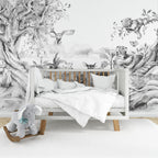 Black And White Deer Wallpaper : Ink Forest Animals Mural - View 4