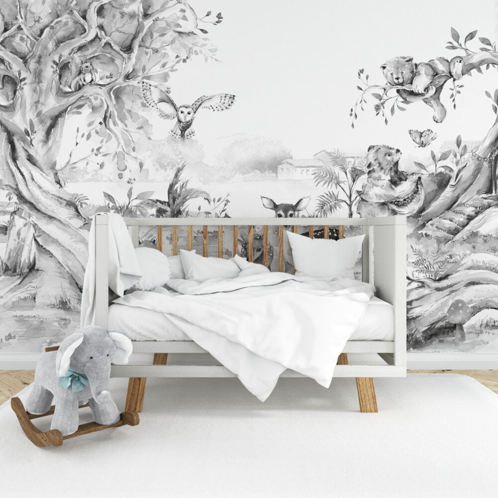 Black And White Deer Wallpaper : Ink Forest Animals Mural - View 4