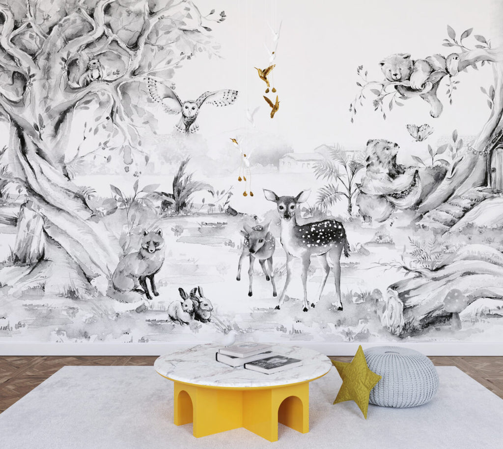 Black And White Deer Wallpaper : Ink Forest Animals Mural