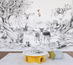 Black And White Deer Wallpaper : Ink Forest Animals Mural