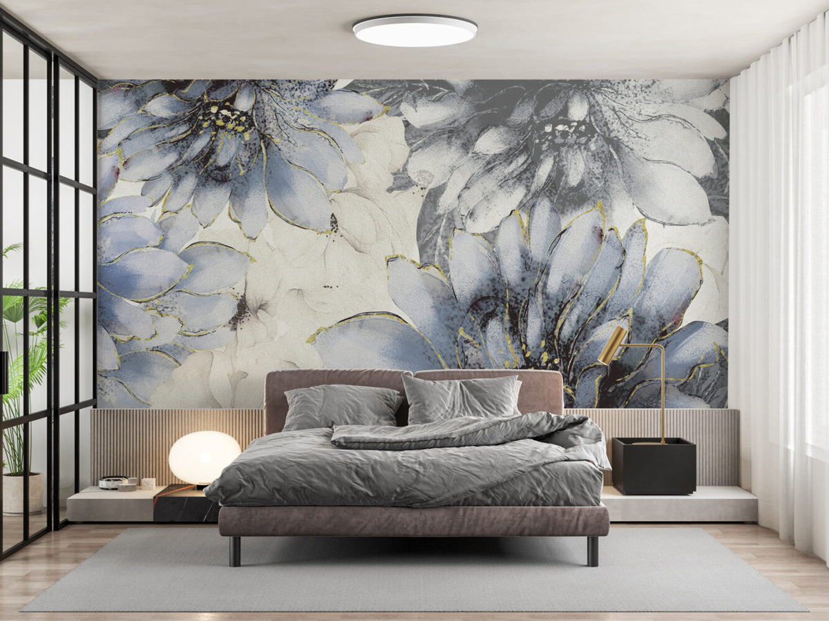 Blue Watercolor Floral Wallpaper : Gold Edged Petals Mural - View 4