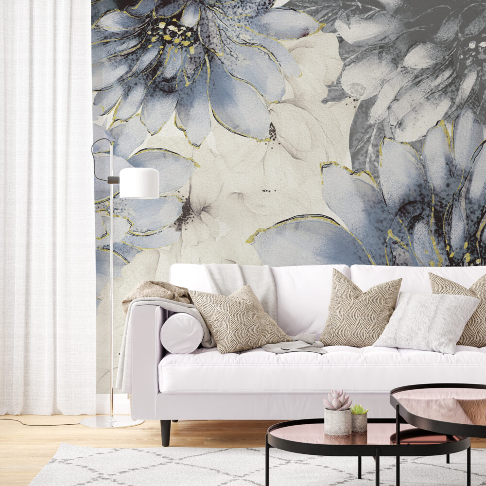 Blue Watercolor Floral Wallpaper : Gold Edged Petals Mural - View 5