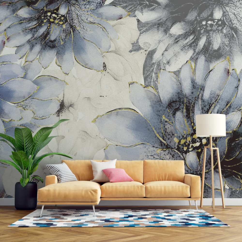 Blue Watercolor Floral Wallpaper : Gold Edged Petals Mural - View 6