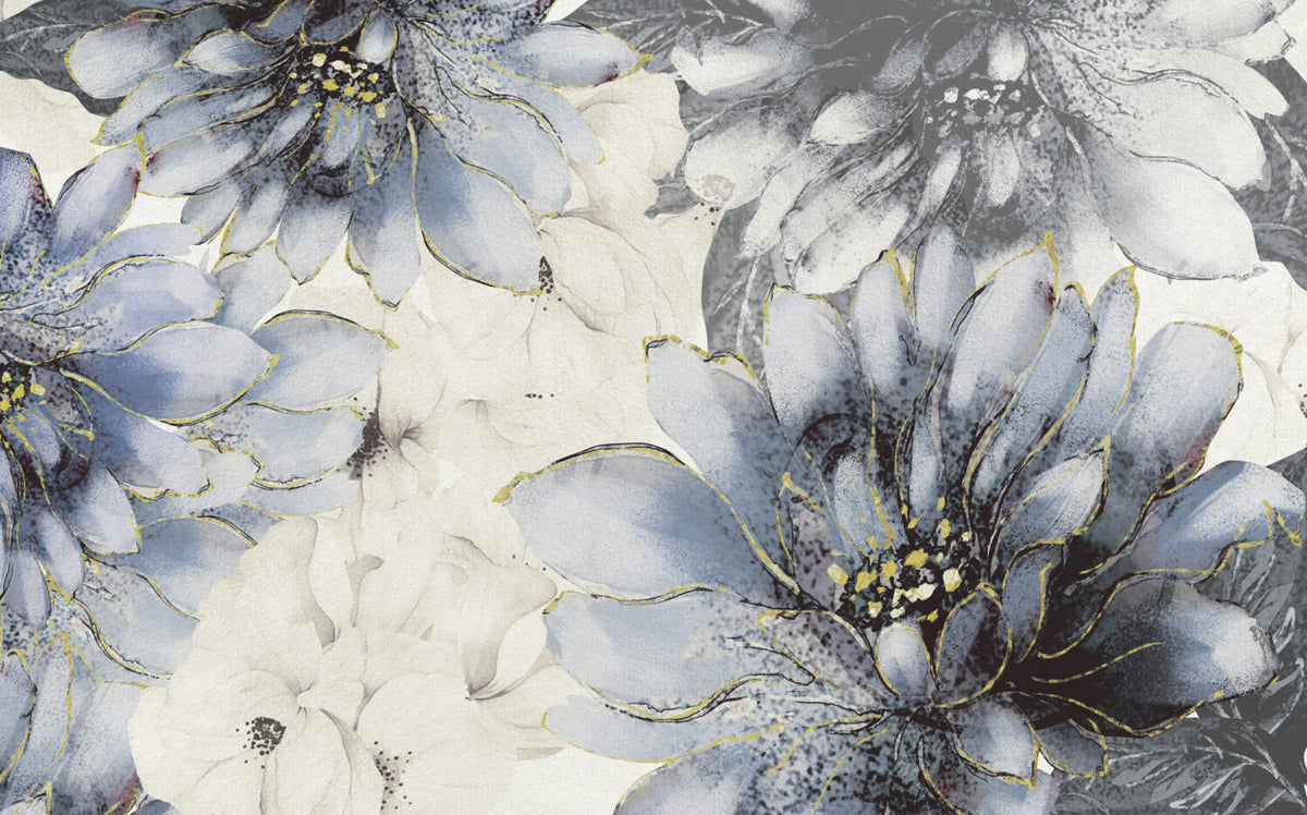 Blue Watercolor Floral Wallpaper : Gold Edged Petals Mural - View 2