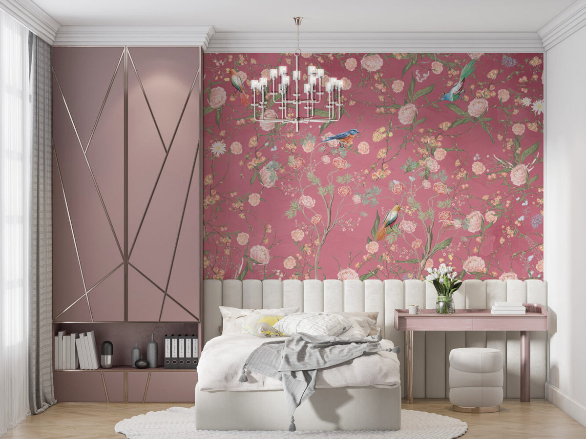Pink Chinoiserie Bird Wallpaper : Peony Branch Mural - View 6