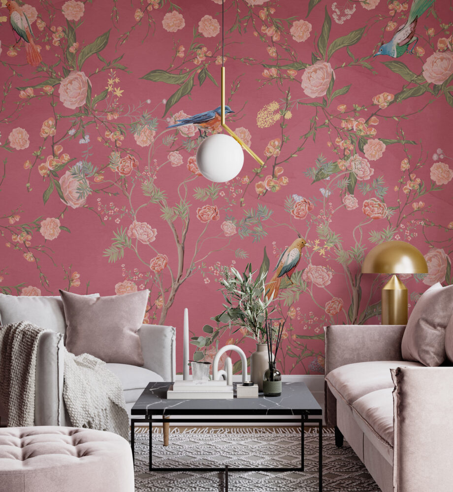 Pink Chinoiserie Bird Wallpaper : Peony Branch Mural - View 4