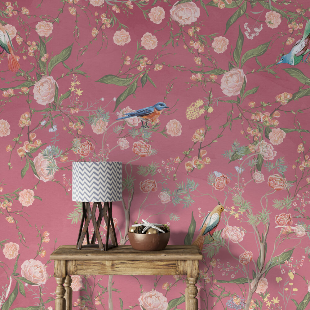 Pink Chinoiserie Bird Wallpaper : Peony Branch Mural - View 5