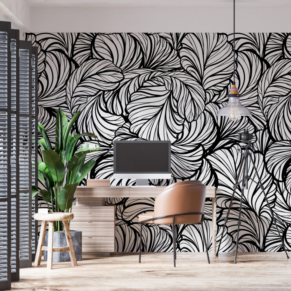 Black And White Leaf Line Wallpaper : Graphic Foliage Mural