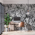 Black And White Leaf Line Wallpaper : Graphic Foliage Mural