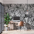 Black And White Leaf Line Wallpaper : Graphic Foliage Mural