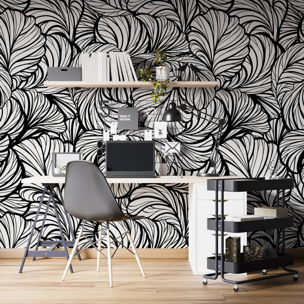 Black And White Leaf Line Wallpaper : Graphic Foliage Mural - View 6