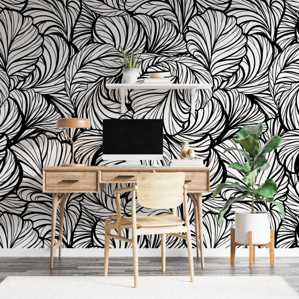 Black And White Leaf Line Wallpaper : Graphic Foliage Mural - View 4