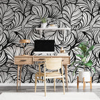 Black And White Leaf Line Wallpaper : Graphic Foliage Mural - View 4