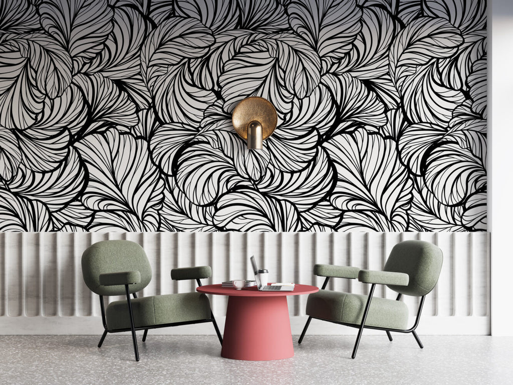 Black And White Leaf Line Wallpaper : Graphic Foliage Mural - View 3