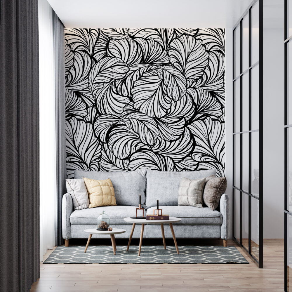 Black And White Leaf Line Wallpaper : Graphic Foliage Mural - View 5